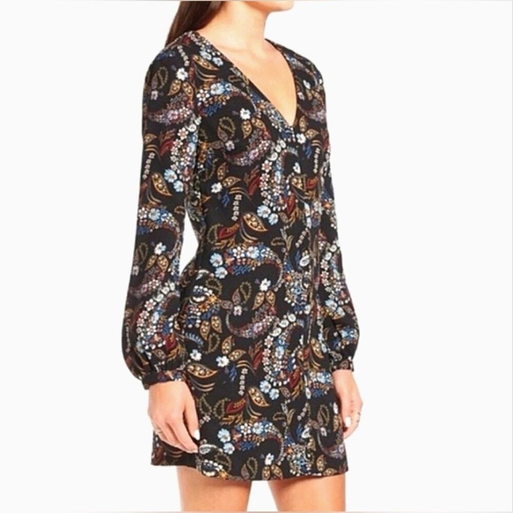Wayf Floral Paisley Malone Boho Balloon Sleeve Mini Shift Dress Size L